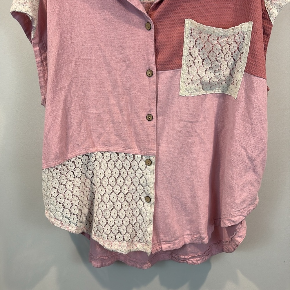 Oli & Hali Pink Patchwork Lace Linen Blend Oversized Top with Pockets Size L - Picture 4 of 8